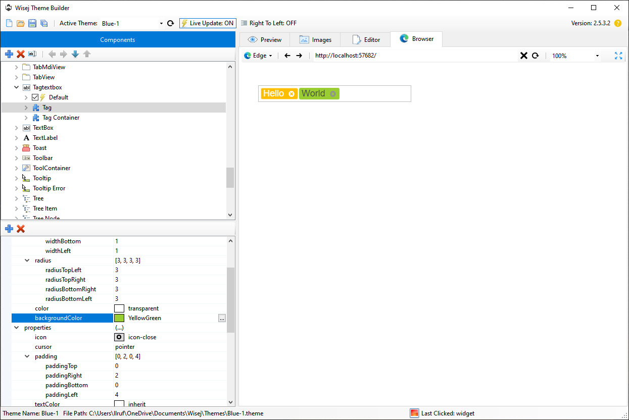 Wisej.NET Theme Builder with custom TagTextBox tag colors
